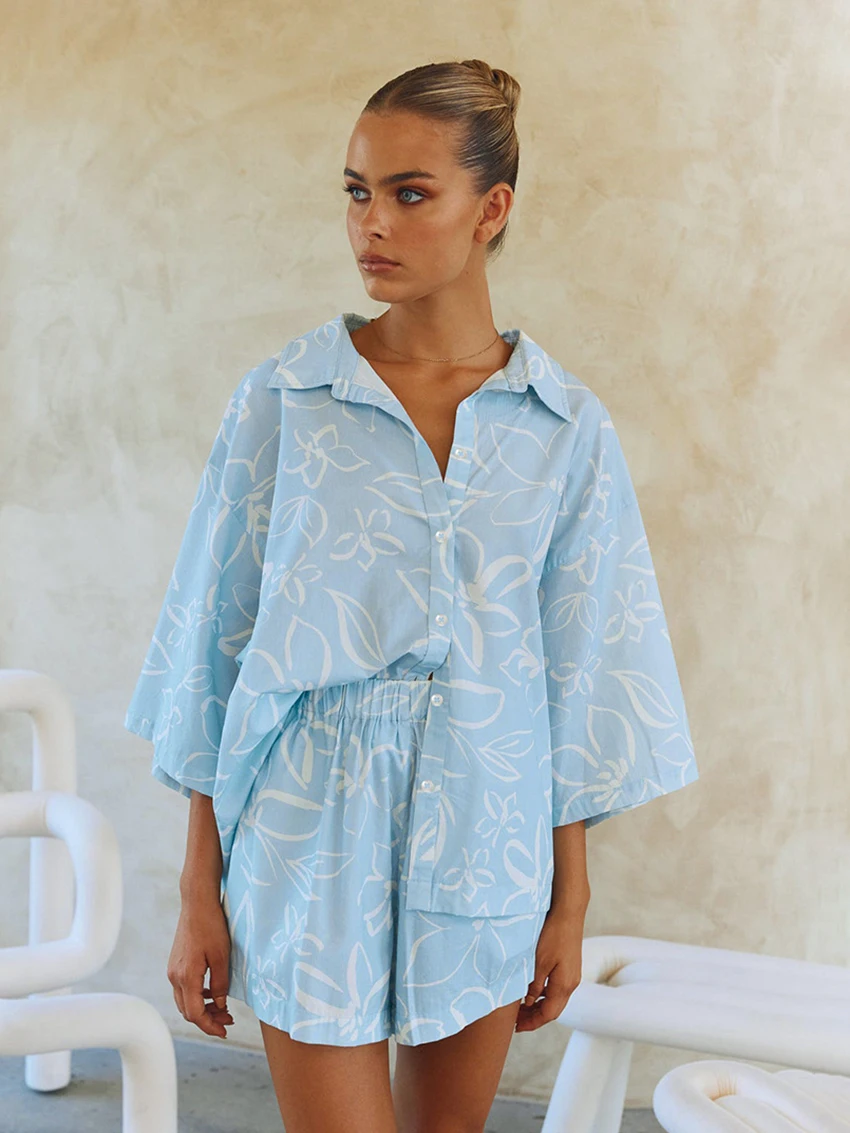 Marthaqiqi Printing Pajamas For Women Turn-Down Collar Sleepwear Long Sleeve Nightwear Elastic Waist Shorts Casual Nightie Set