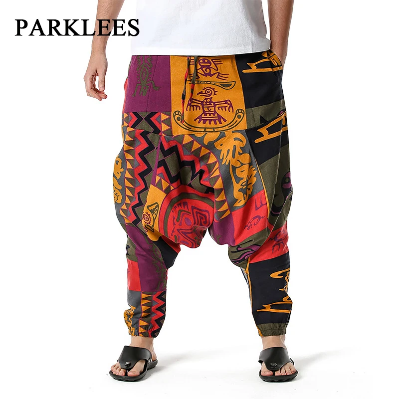 

Parklees Mens African Retro Baggy Harem Pants Loose Casual Elastic Cotton Drop Crotch Pants Stylish Hippie Gypsy Yoga Sweatpants