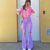 2022 womens sexy jeans mid waist ripped solid color casual wide leg trousers fashion elastic tight bell bottom streetwear