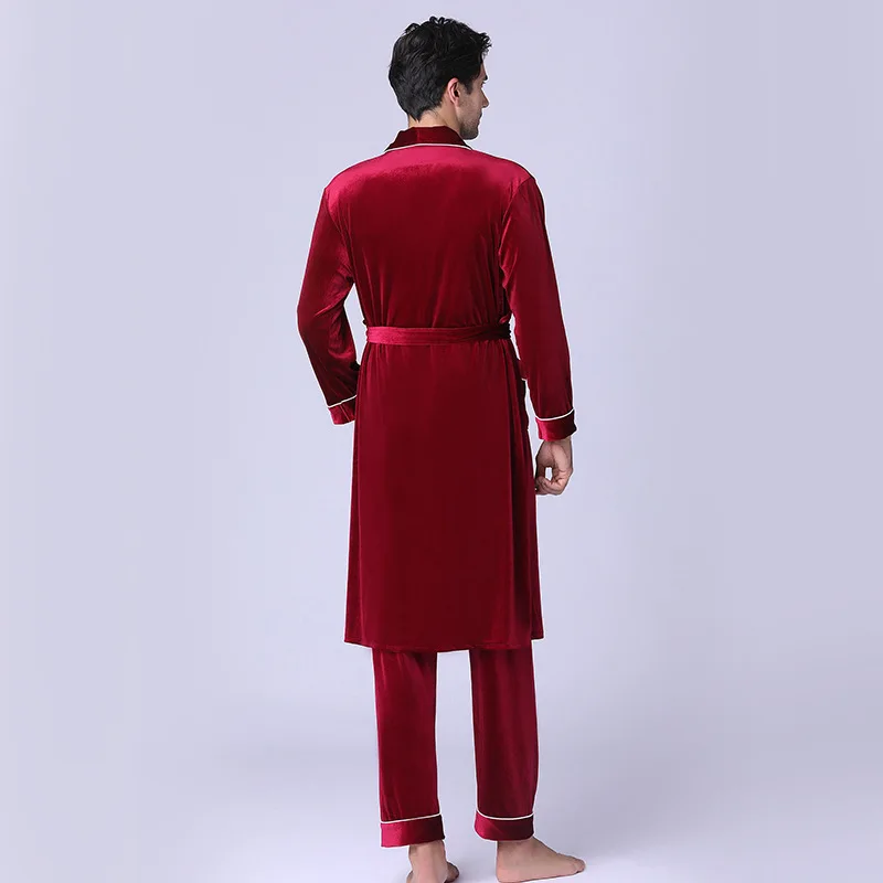 Velvet Man's Pajamas Sets Robes and Pants Wine/Navy 2 Pieces Sleepwear Home Wear Size L XL XXL
