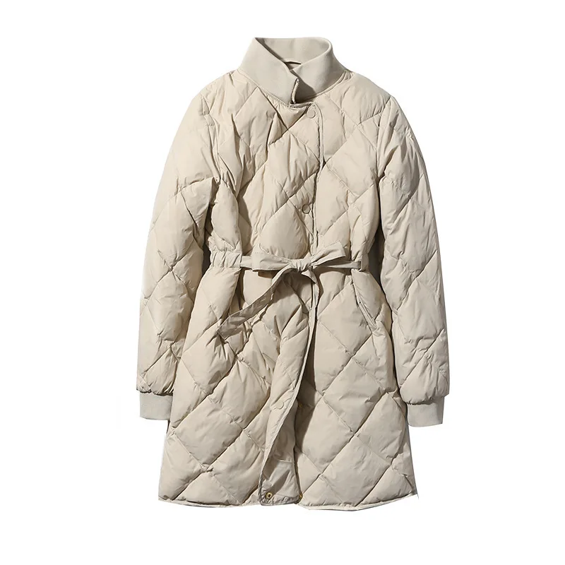 Фото Women's down jacket medium length standing collar slimming body, waist closed white eiderdown coat fashion warm windbreaker coat №5