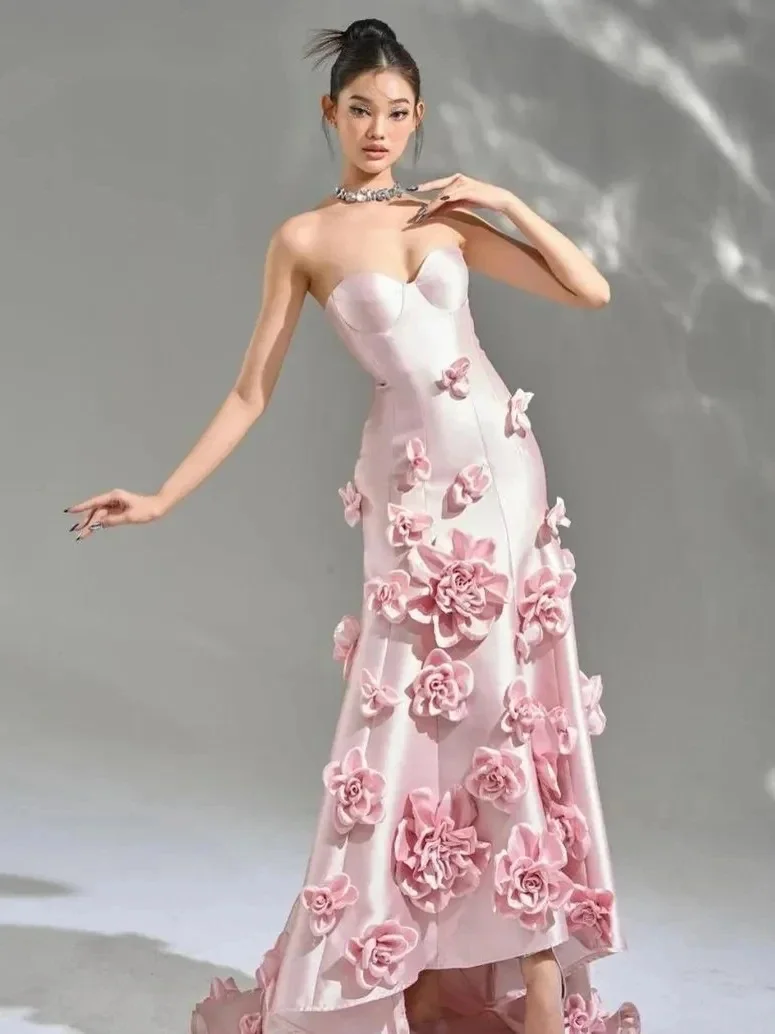 

Pink Sweet Princess Open Back Mermaid Flower Wedding Guest Evening Cocktail Prom Homecoming Dresses for Bride Special Occasion