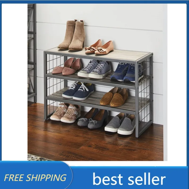 

Лучший дом и сады, фермерский 3-ярусный стеллаж для одежды и обуви с 12 отделениями, Деревянные Серые стеллажи для обуви