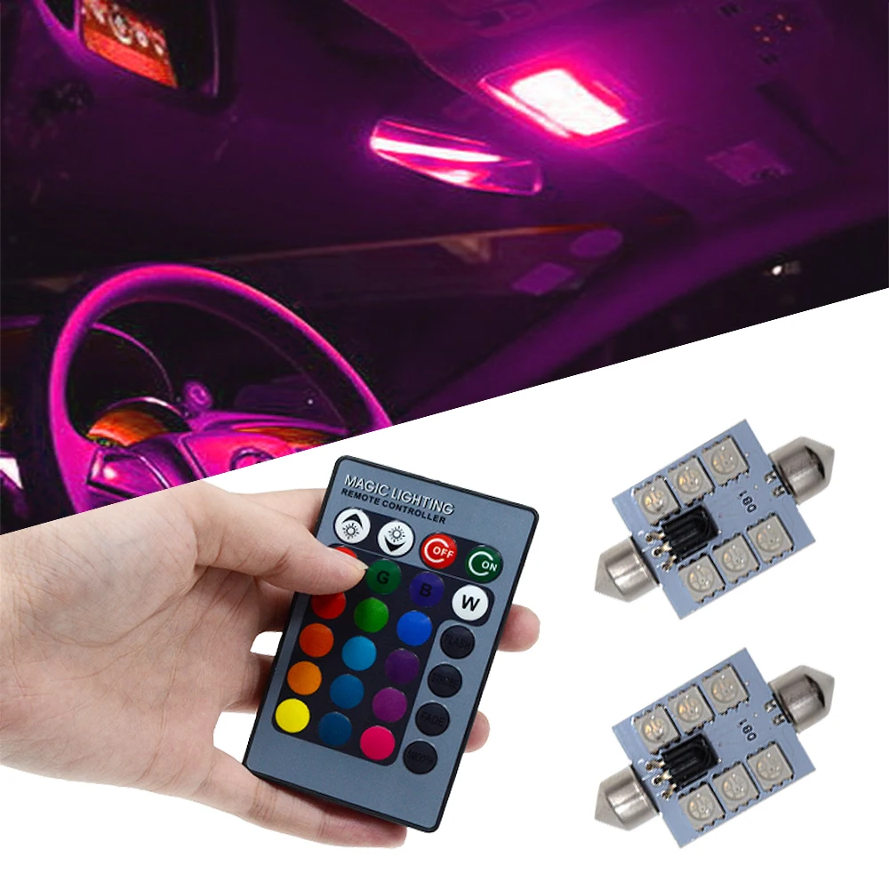 

T10 RGB Car Led C5W 5050 6SMD 12V Festoon Dome Door Color Reading Lights Remote Controller Colorful Lamp Roof Trunk Wedge Bulb