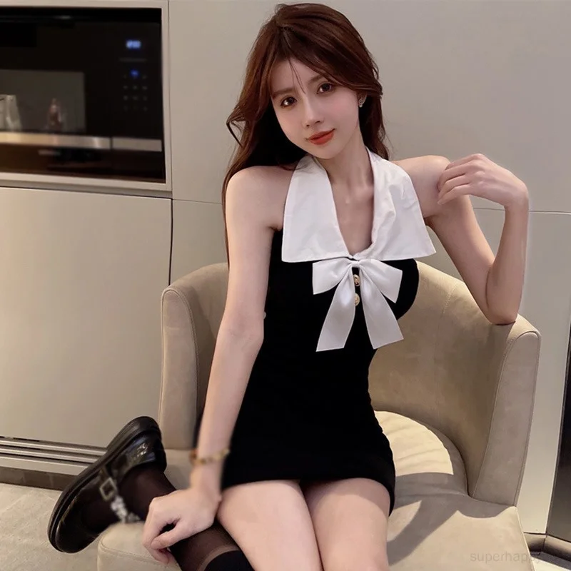 

Women's Halter Neck Slim Short Dress All-Match Bow Dress