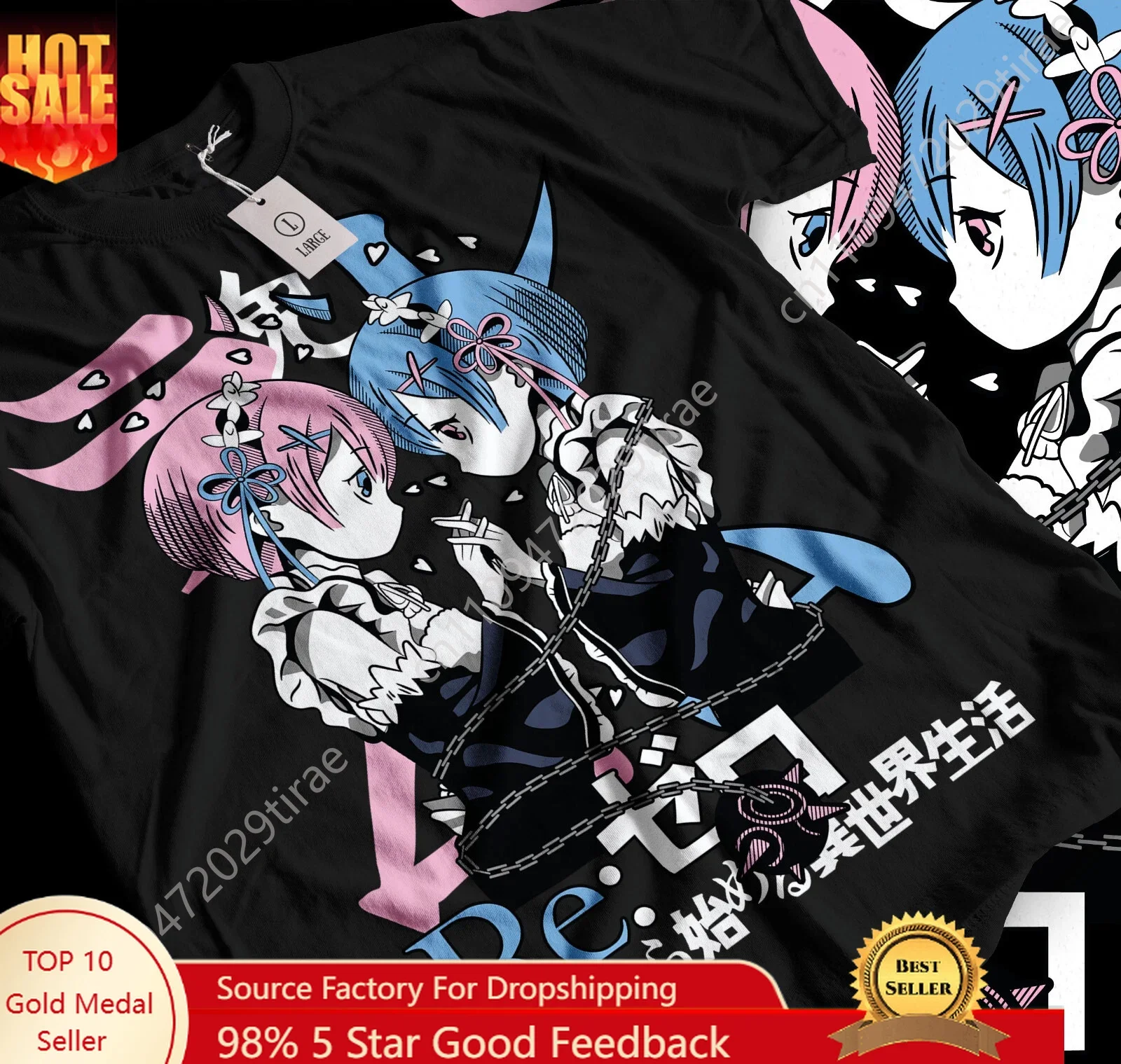 Фото Футболка Rem Re Zero, милая футболка Re Zero Ram Kawaii, мужская и женская летняя удобная свободная модная футболка из чистого хлопка №1