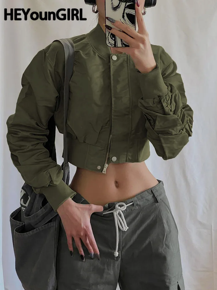 

Модная женская укороченная куртка HEYounGIRL в стиле милитари, винтажная зеленая приталенная куртка на молнии, Y2K, Повседневная зимняя Толстовка...