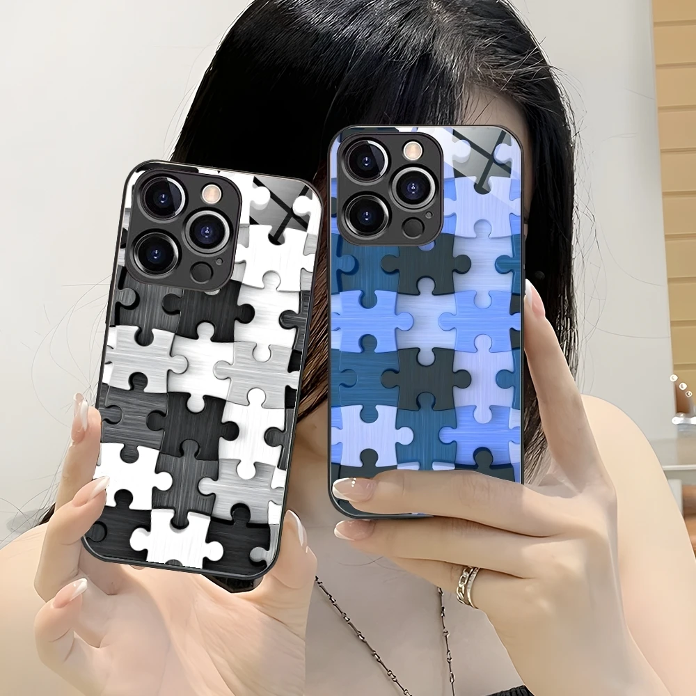 Puzzle Pretty Fashion Mobile Cell Phone Case for iPhone 16 15 14 13 12 11 X XR XS 8 Pro Max Plus Mini PC Glass Cover Shell