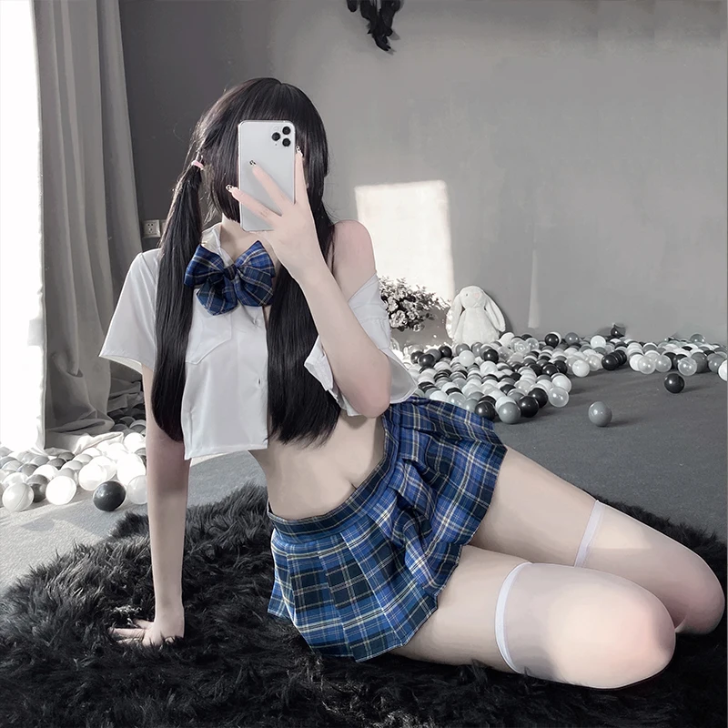 

Japanese Sailor Collar Bow Tie Schoolgirl Cosplay Women Sexy Lingerie Student Uniform Costumes Pink Crop Top with Miniskirt Set