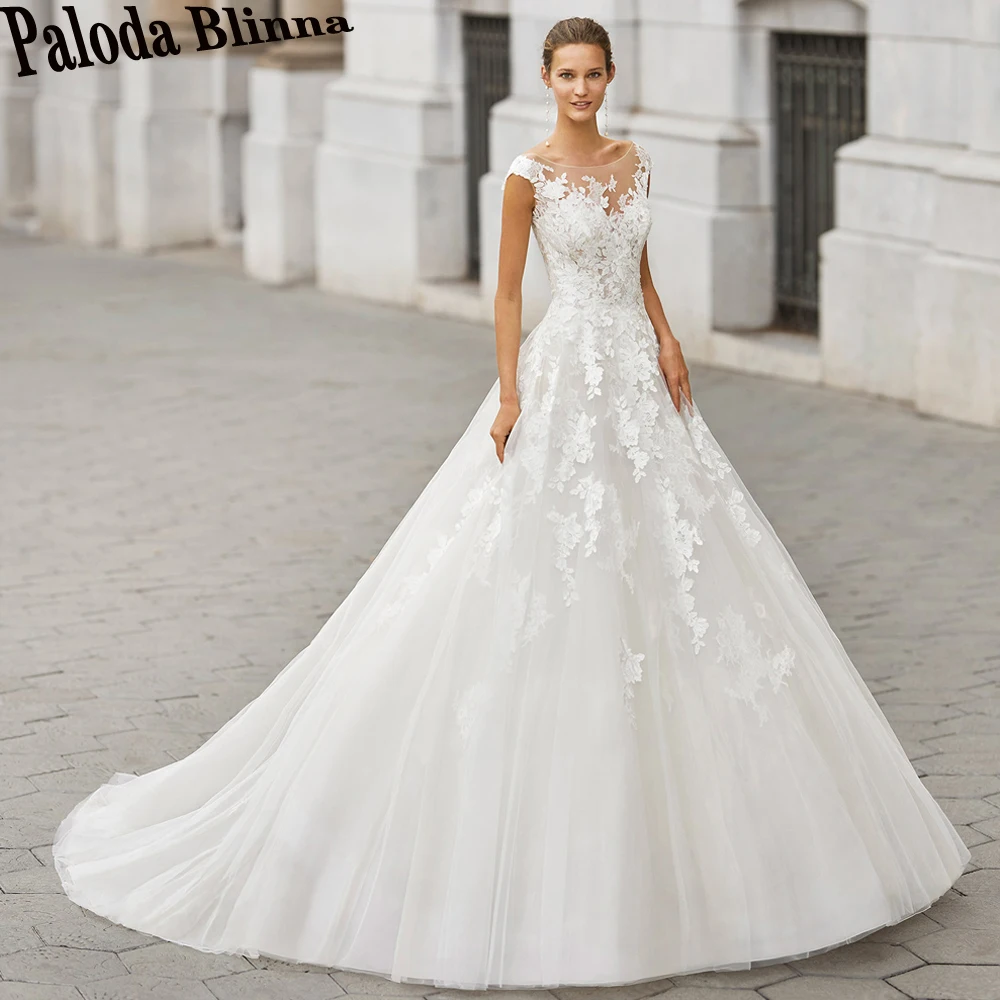 

Paloda Classic Backless Scoop Wedding Dresses For Women Appliques Illusion Button A-LINE Court Train Sleeveless Tulle Pleat