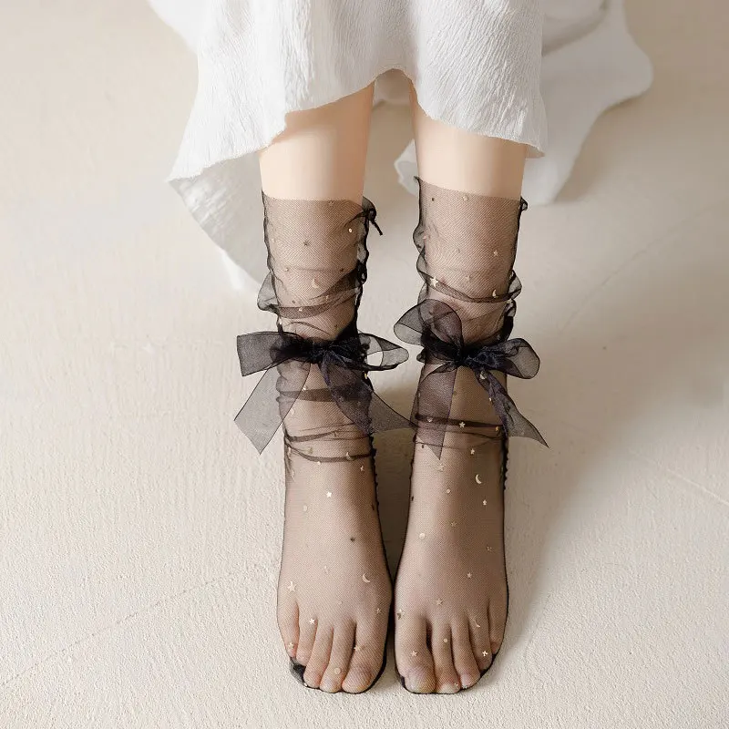 

Summer Ultra-thin Transparent Princess Socks Sexy Lace Bandage Bowknot Crew Socks Lolita Sweet Girls Moon Star Loose Long Socks
