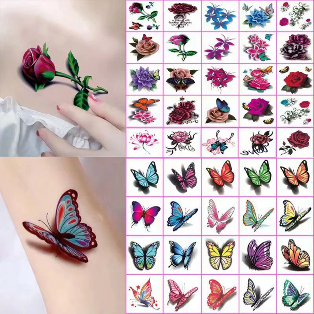 

3D Butterfly Tattoos Sticker for Women Temporary Body Art Tattoo Sticker Rose Flower Feather Tattoo lady Waterproof Fake Tatoo