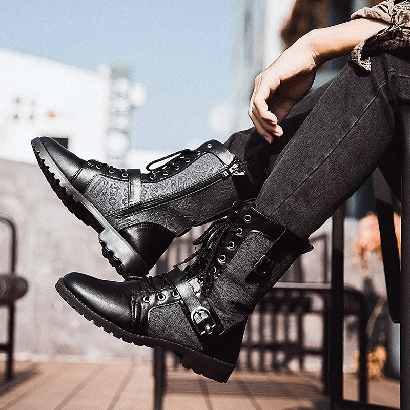 

Ботинки в стиле ретро, средней длины, панк, зима 2023, мужские мотоциклетные ботинки с бархатной подкладкой, универсальная обувь для инструментов, джинсовые армейские ботинки средней длины для мужчин