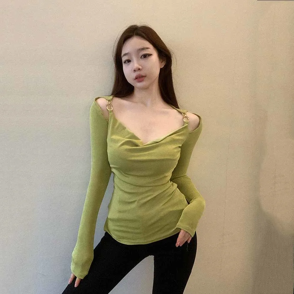 

Black Green Irregular V Neck Long Sleeve T Shirt Women V-neck Sexy Club Women's T-shirt Cotton High Quality Fashion