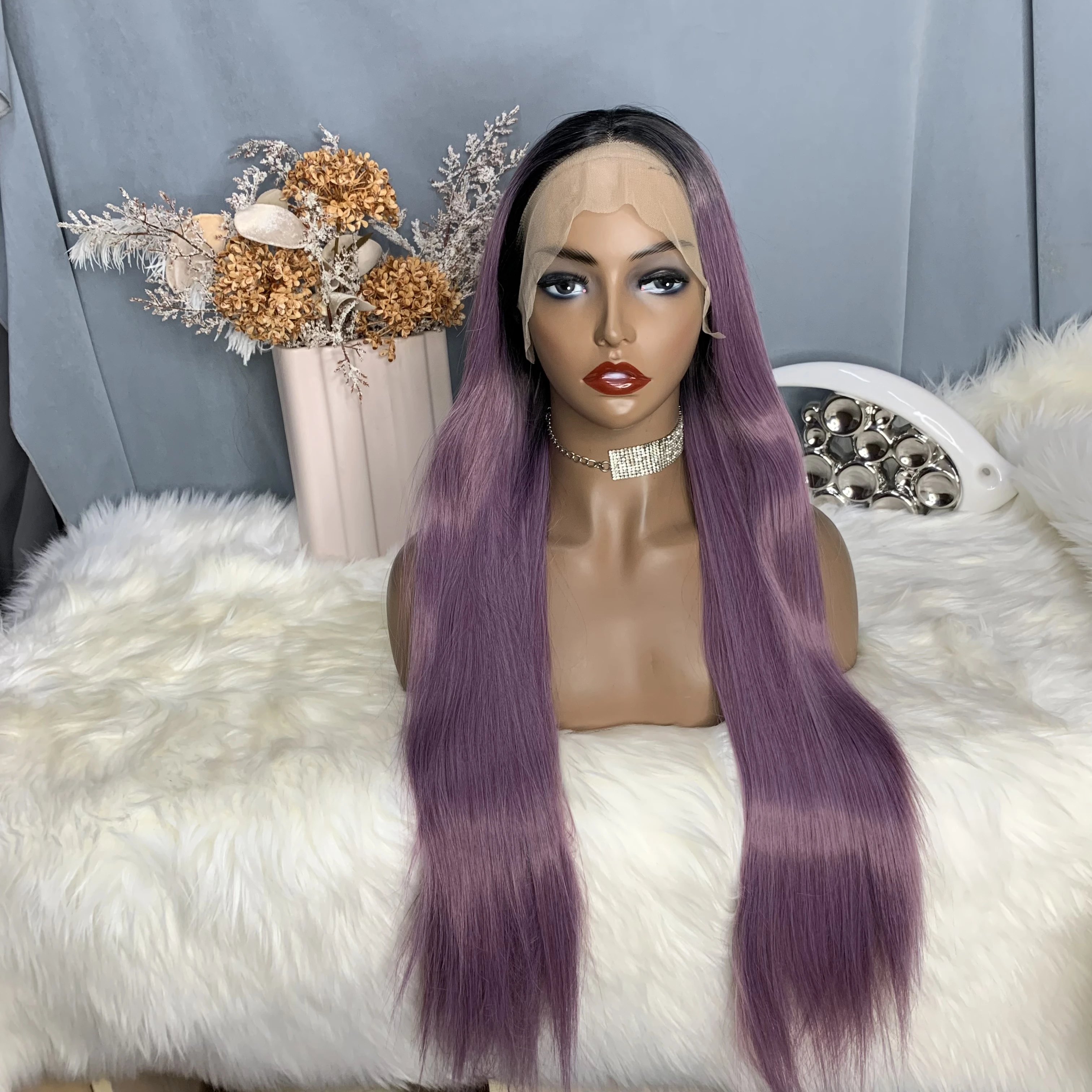 

Ombre Purple Color 30 Inch Synthetic Straight Wig 13X4 Lace Front High Temperature Fibe Drag Queen Cosplay Wigs For Black Women