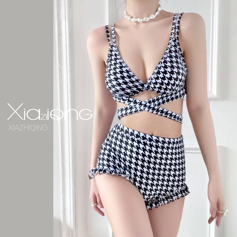 

2022 Summer High Waist Swimsuit Women Plaid Bikinis Set Back Bandage Cross Swimwear Brazilian Bathing Suits Biquini Beach Suit