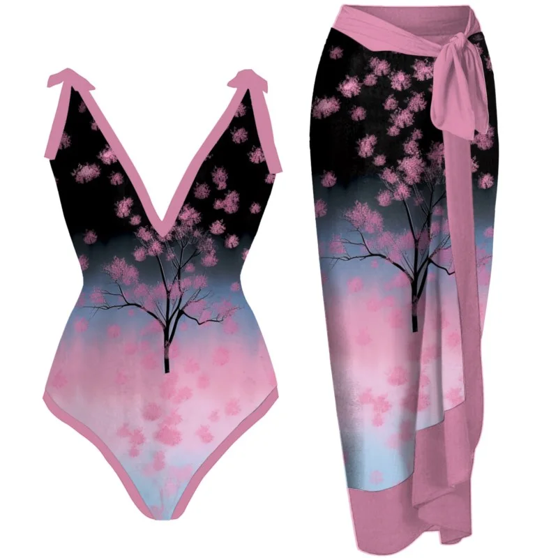 Bikini Bodysuit Swimwear Women With Skirt Bathing Suit Summer New Ruffle Splice Print Beachwear Holiday Bikini Cover Ups Outfits