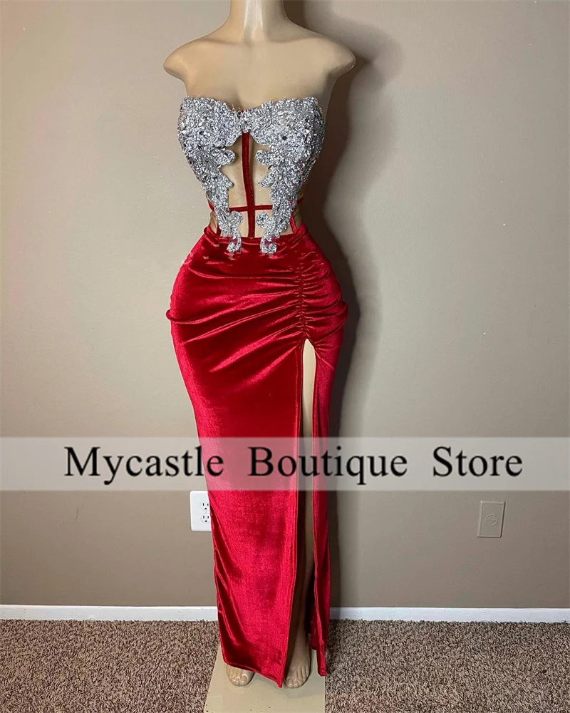 

New Arrival Red Velvet Mermaid Prom Dresses Sexy 2023 For Black Girls Beaded Side Split Birthday Party Dress Robes De Bal