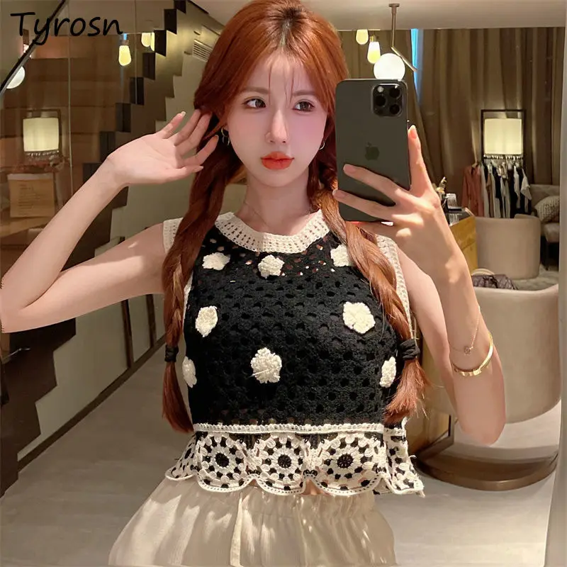 

Tanks Women Retro Hollow Out Design Minimalist Korean Style Sweet Sexy Fashion Summer All-match Streetwear Ladies Casual Floral