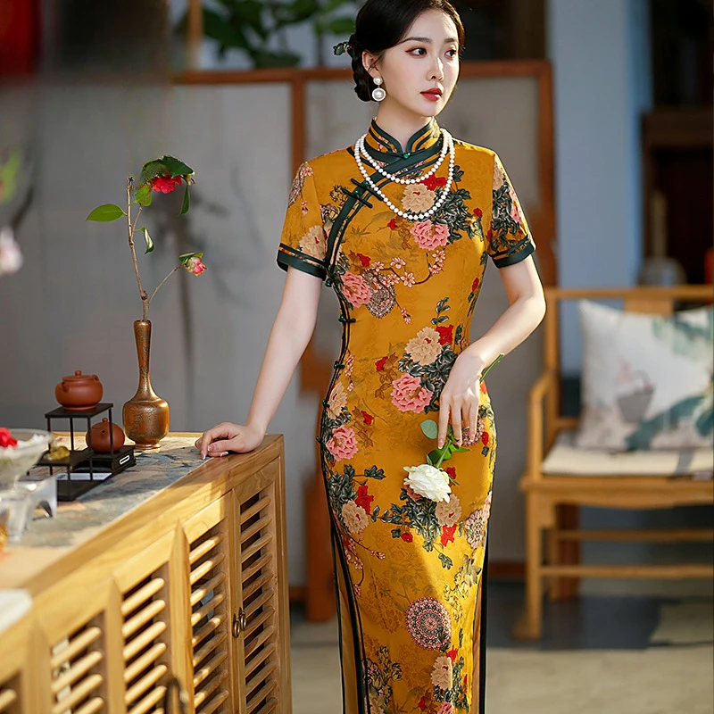Женское платье-Ципао с воротником-стойкой желтое длинное платье в китайском