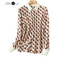 2022 new silk long sleeve shirt womens loose temperament plaid printed top mulberry silk shirt spring new style