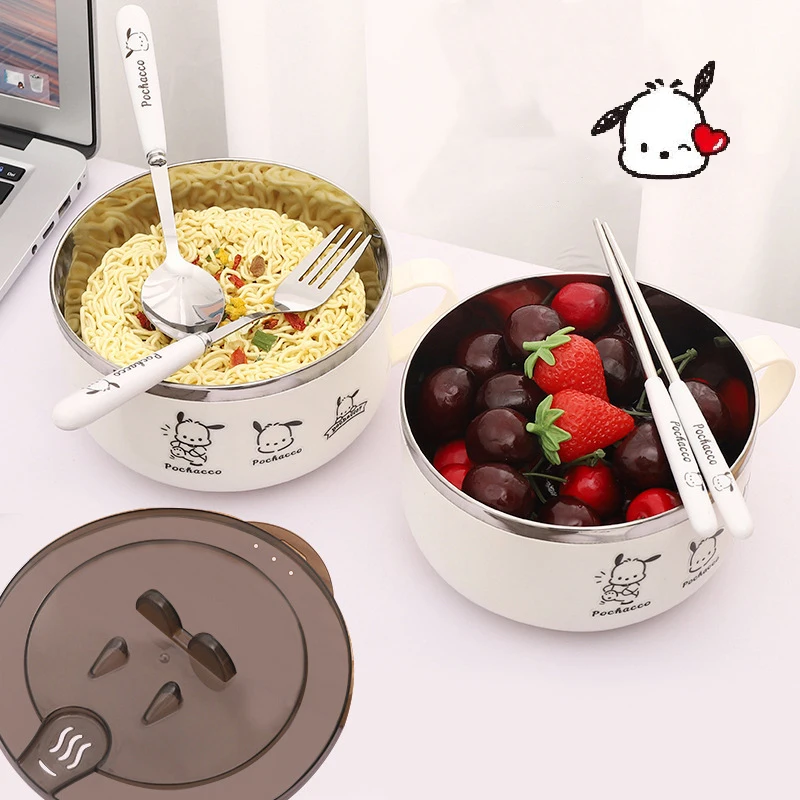 

New Kawaii Sanrio Pochacco Bento Box Studnet Japanese Large Capacity Drainable Stainless Steel Instant Noodle Bowl with Cover