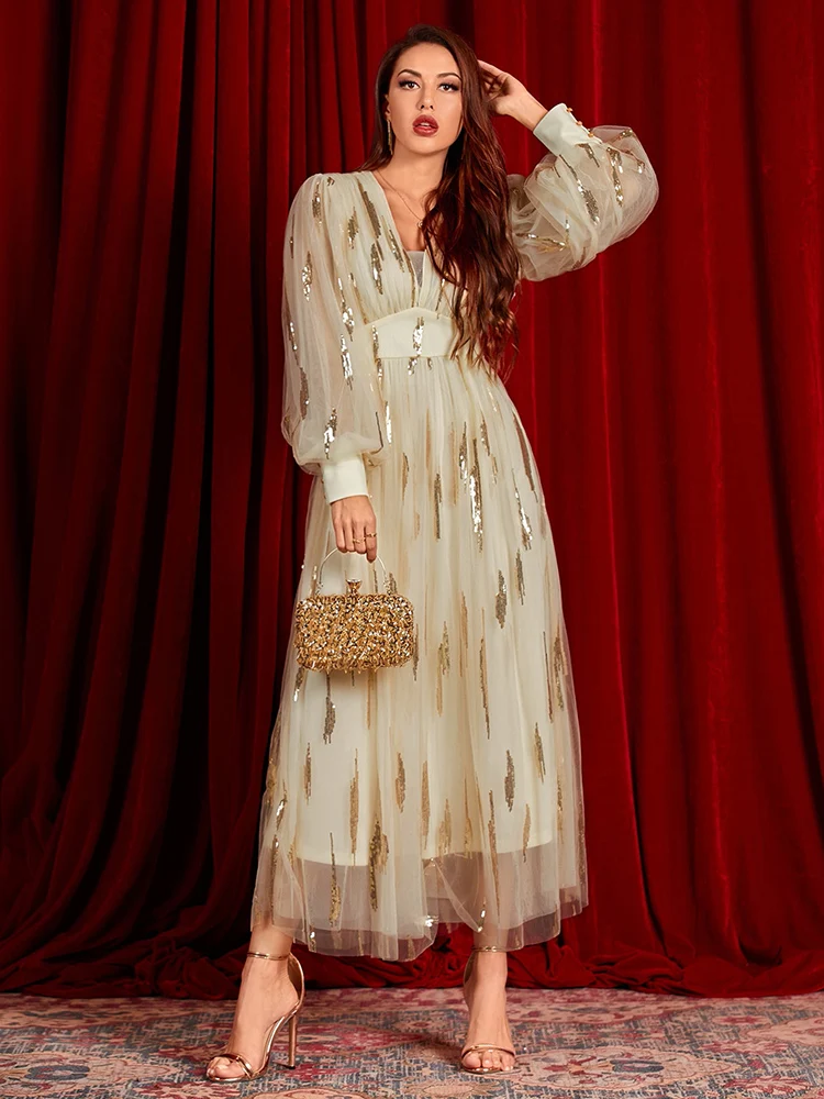 

Шикарные женские платья-Макси TOLEEN, элегантное вечернее платье с длинным рукавом и V-образным вырезом, с блестками, в арабском, турецком, африканском стиле, 2022