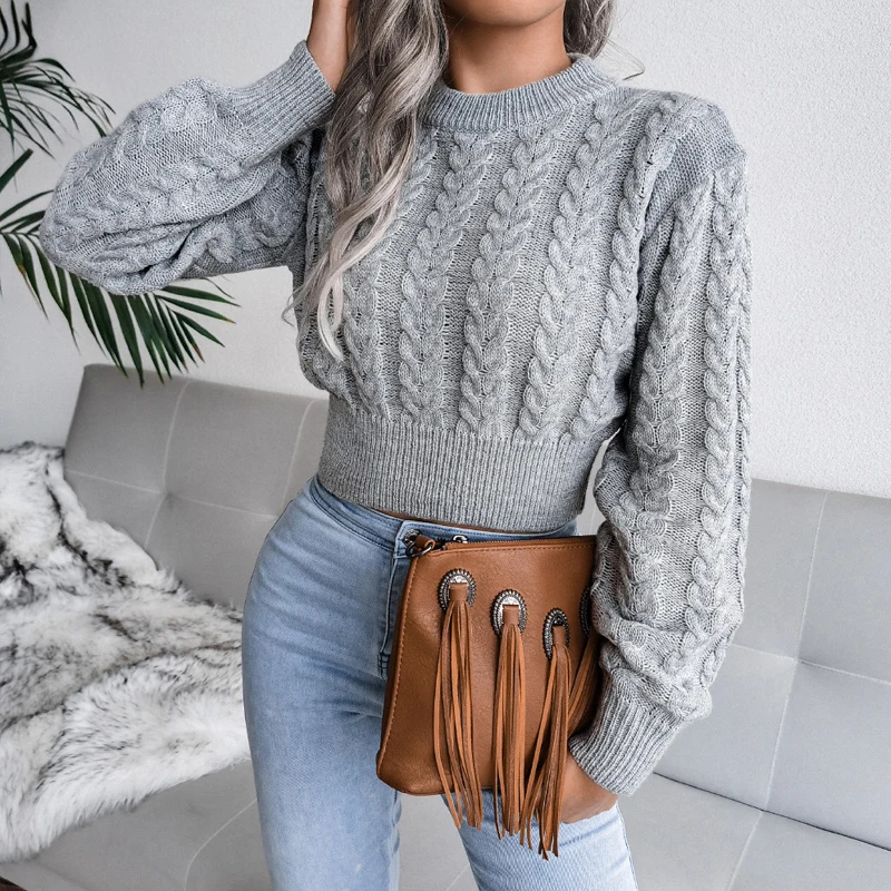 

Sweater for Women Winter Fashion Woman Pullover Knitted Crop O-Neck Twist Navel Casual Long Sleeve Top Pull Autumn Femme 18132