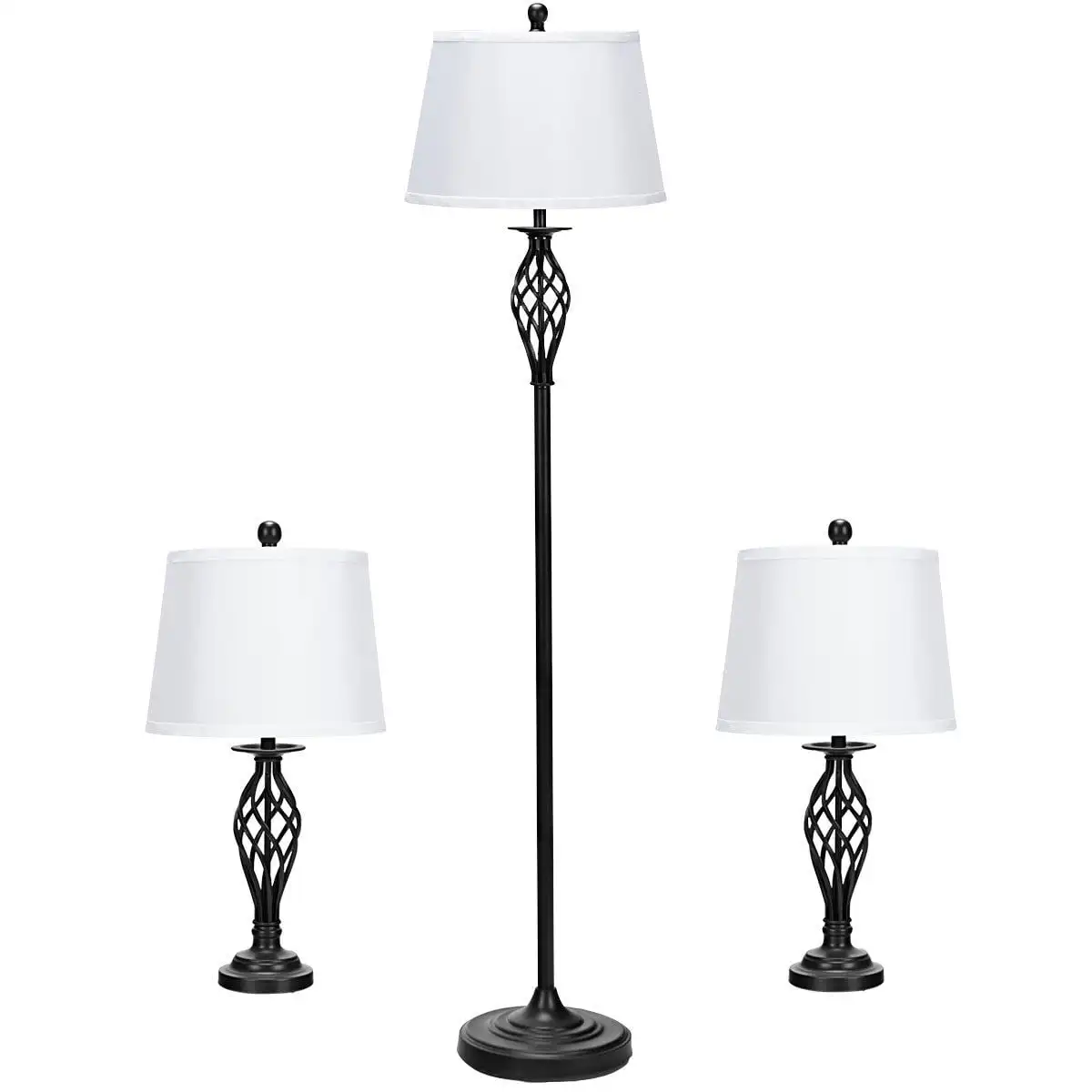 

3-Piece Lamp Set 2 Table Lamps 1 Floor Lamp Fabric Shades Living Room Bedroom