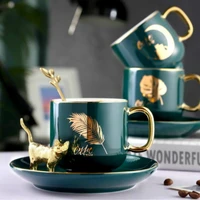 cat mug with spoon green cute home decorations drinking cups and saucers ceramic coffeeware set gifts for friends tea mugs