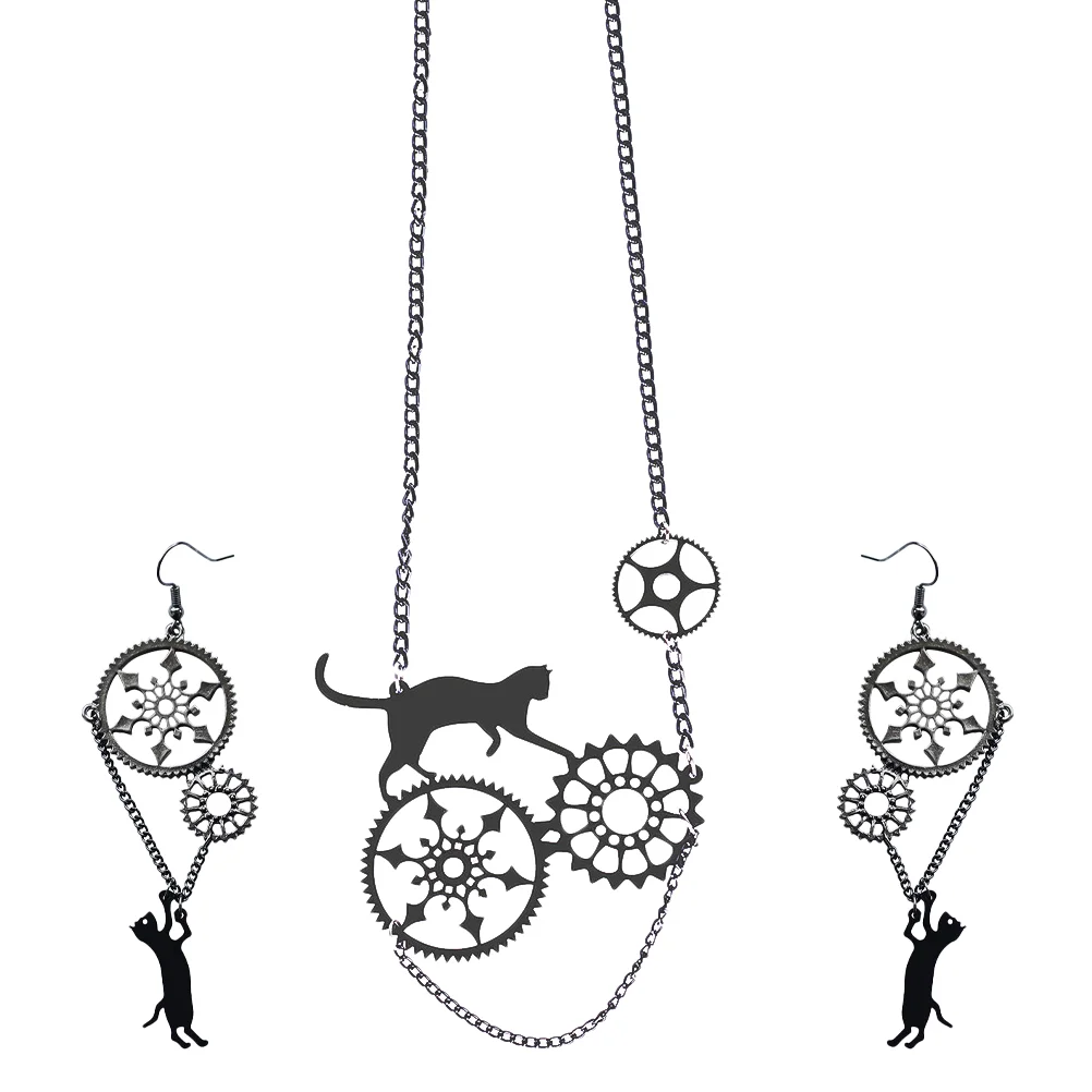 

Black Cat Gear Earring Necklace Women Jewelry Necklaces Drops Chain Dangles Miss Earrings Orrous