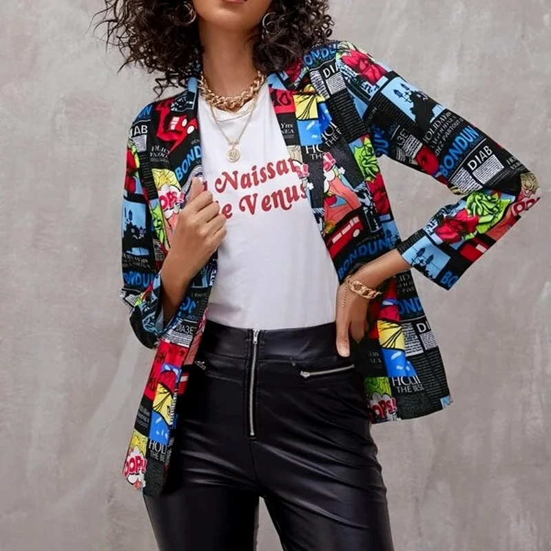 Spring Plus Size New Fashion Top Jacket Elegant Ladies Fashion Newspaper Printing Retro Casual Streetwear Ladies Suit Jacket