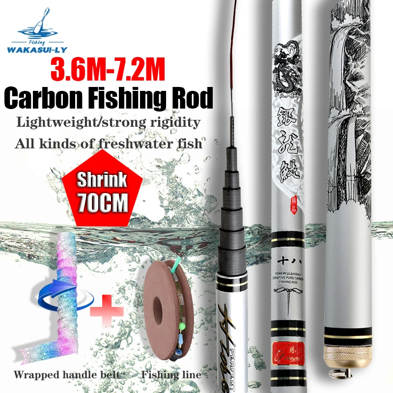 

New Carbon Fiber Fishing Rod Fresh Water 28 Tuned Stream 3.6m-7.2m Carassius Auratus Rod Telescopic 70cm Taiwan Fishing Rod Gift