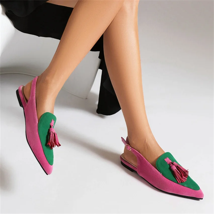 Casual Women Sandals 2023 New Suede Back Empty Low Heel Pointe Tassel Mixed Colors Female Shoes 43 Size Dropshopping