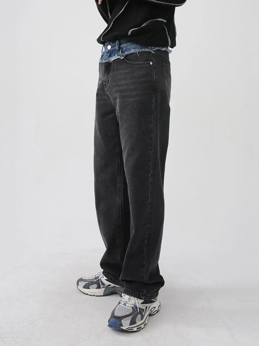 YIHANKE Four Seasons American Style Stitching Design Men's Straight Casual Pants Y2k Men Jeans Streetwear Men Ins Hot Sale JEANS