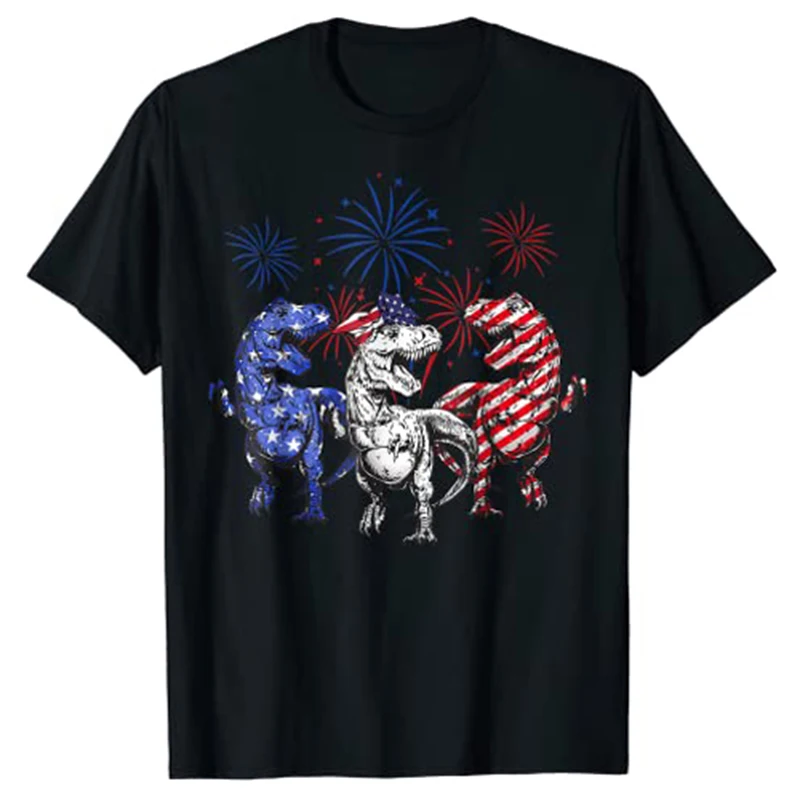 

Red White Blue T Rex Dinosaur Firework 4th of July T-Shirt American Pride Patriotic Tee Top Independence Day Outfits Family Gift