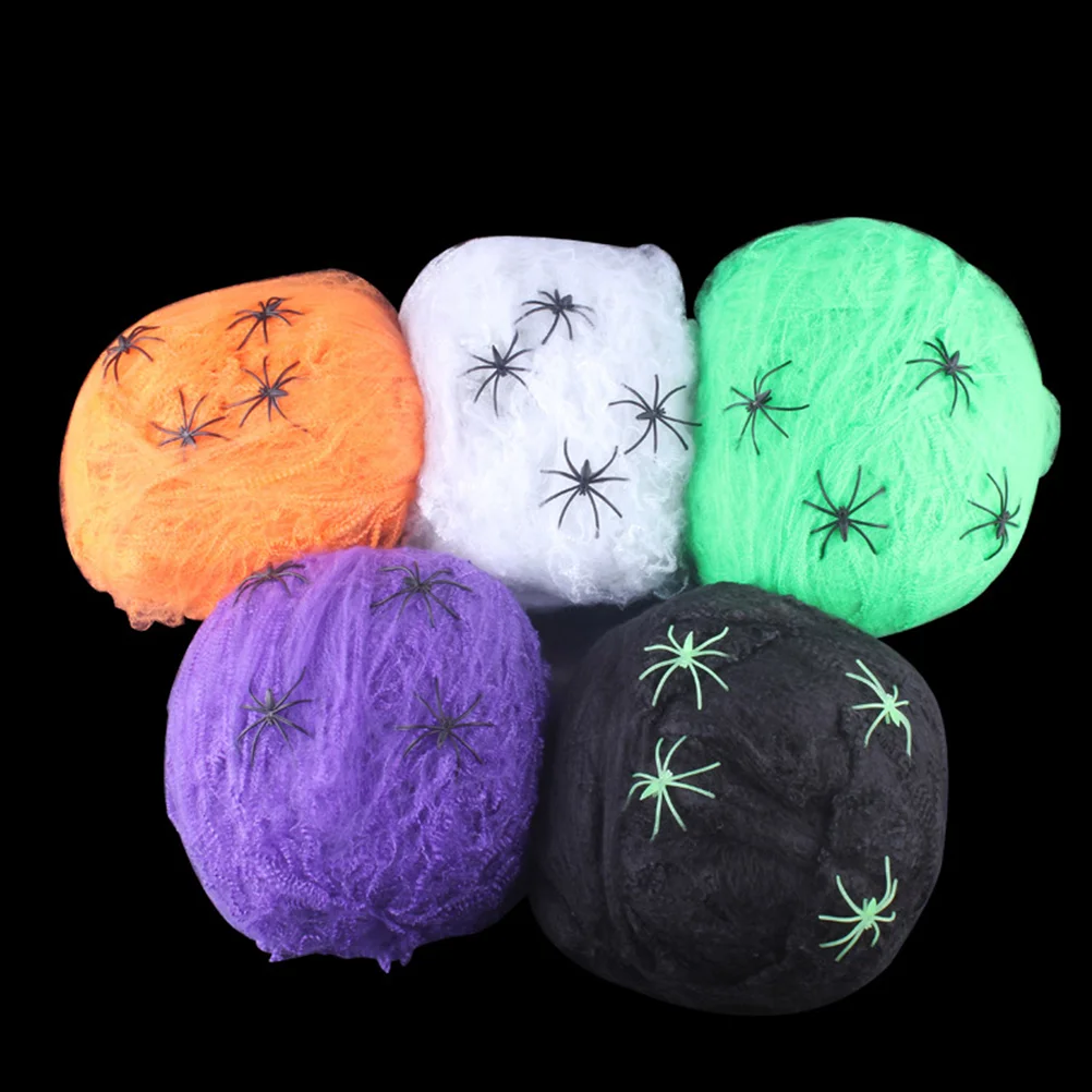 

100G Cotton Fake Spider Web and 4 Spiders Halloween Cobwebs Spiderweb Haunted House Necropolis Party Decorations Props
