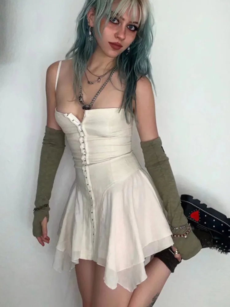 

90s E-girl Aesthetics Cute Irregular Hem Backless Mini Dress Y2K Fairy Grunge Front Hook Closures White Cami Dress Grunge 2022