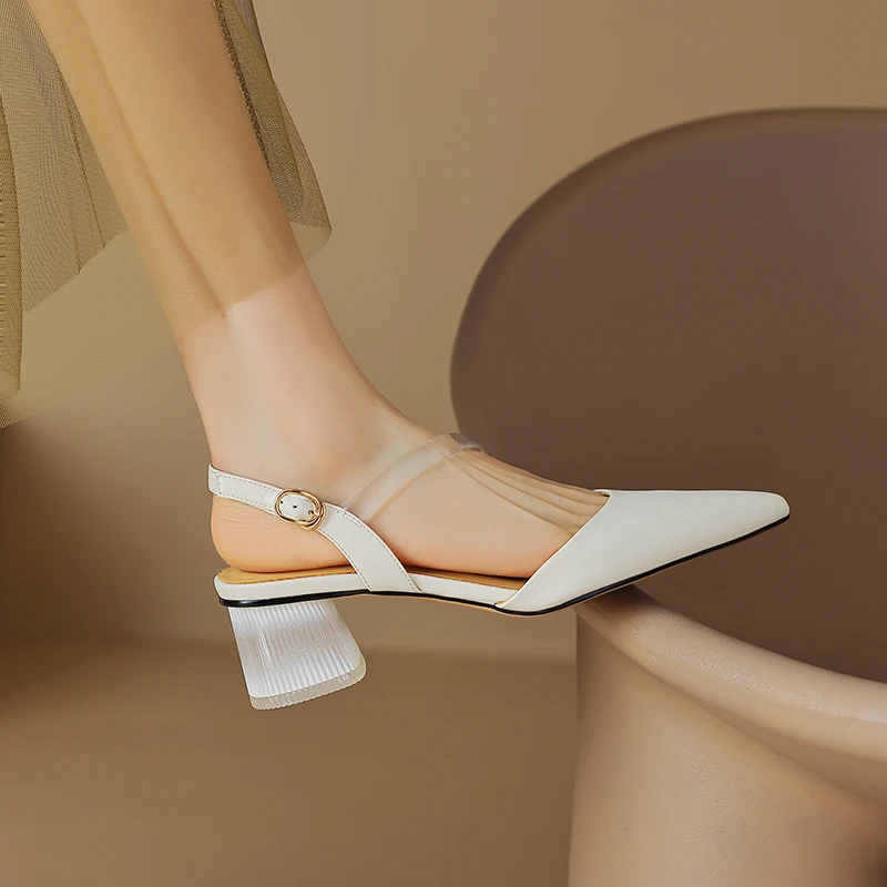 2023 New Split Leather Women's Sandals Summer Pointed Toe Thick Heel Color Matching Lazy Shoes Japanese Style Luxury Sandals