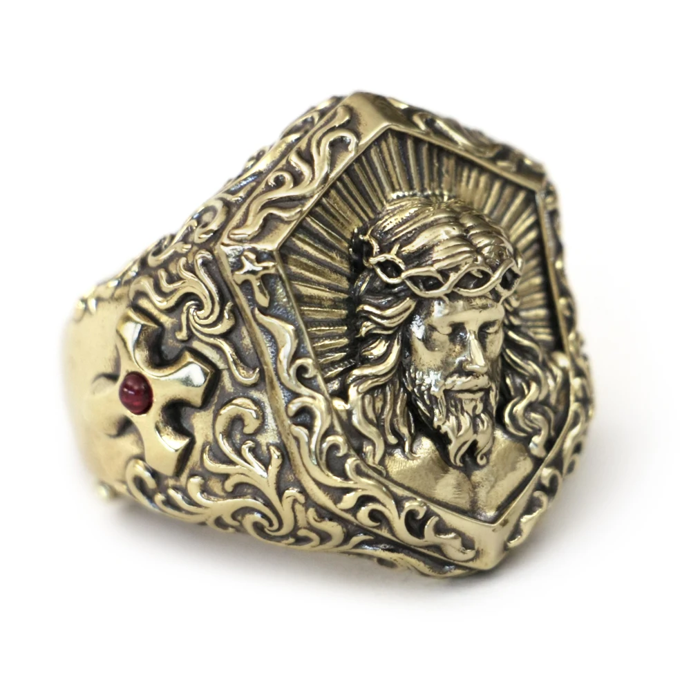 Латунное кольцо с страданием Иисуса Христа для байкеров BR459 Размер США 8 ~ 15