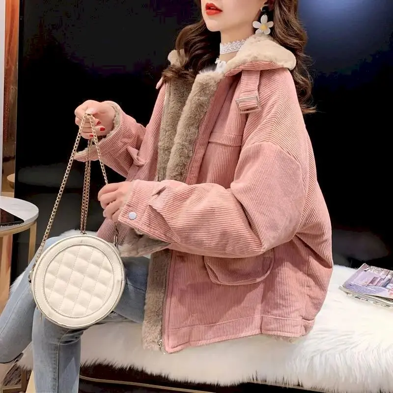 

Korean Loose Wild Zipper Corduroy Lamb Wool Jacket Thicken Warm Tooling Cotton Jackets Womens Parkas 2023 New Winter Coat Women