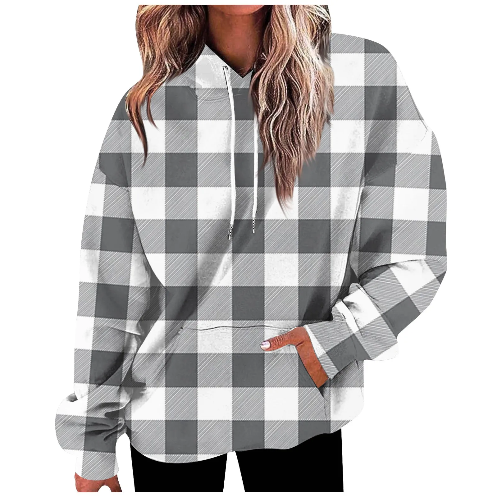 

Женская Повседневная Толстовка, универсальный Повседневный свитшот с капюшоном, клетчатый Топ с длинным рукавом и карманами, женские пуловеры на осень
