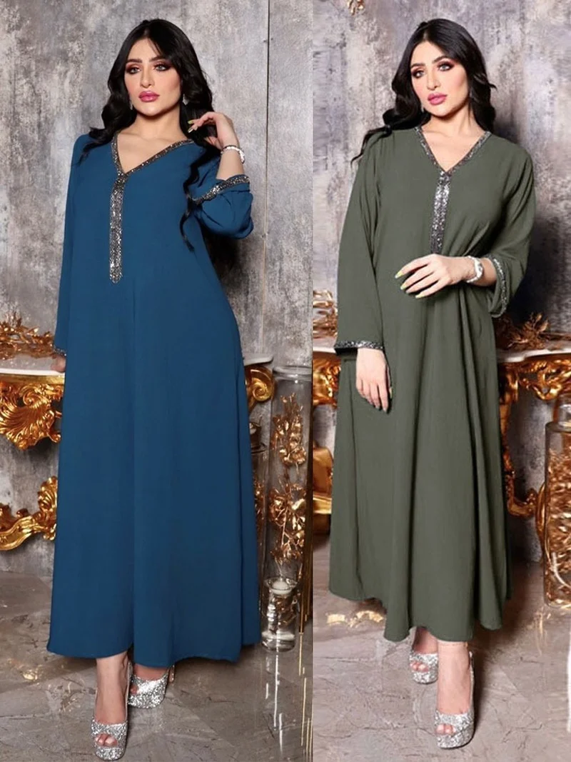 Beading Arabic Long Dress Jalabiya Women Moroccan Caftan Gandoura Muslim Loose Modesty Abaya Dubai Islam Saudi Ramadan Kaftan