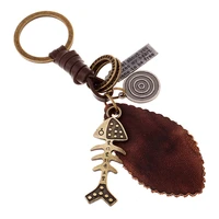 fish bone leather leaf keychain retro creative woven leather pendant fashion couple decoration school bag accessories