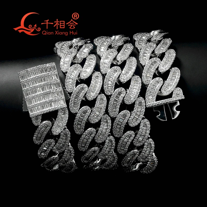 Necklace S925 silver 16mm baguette moon Cuban Link Iced Out Hip Hop white Moissanite Link Chain Jewelry for Women Men Gifts
