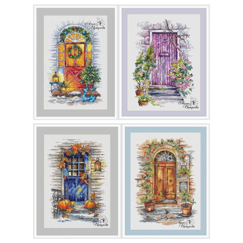 

Amishop Top Quality Popular Counted Cross Stitch Kits Four Seasons Of The Door Gate Spring Summer Autumn Winter Garden Flowers