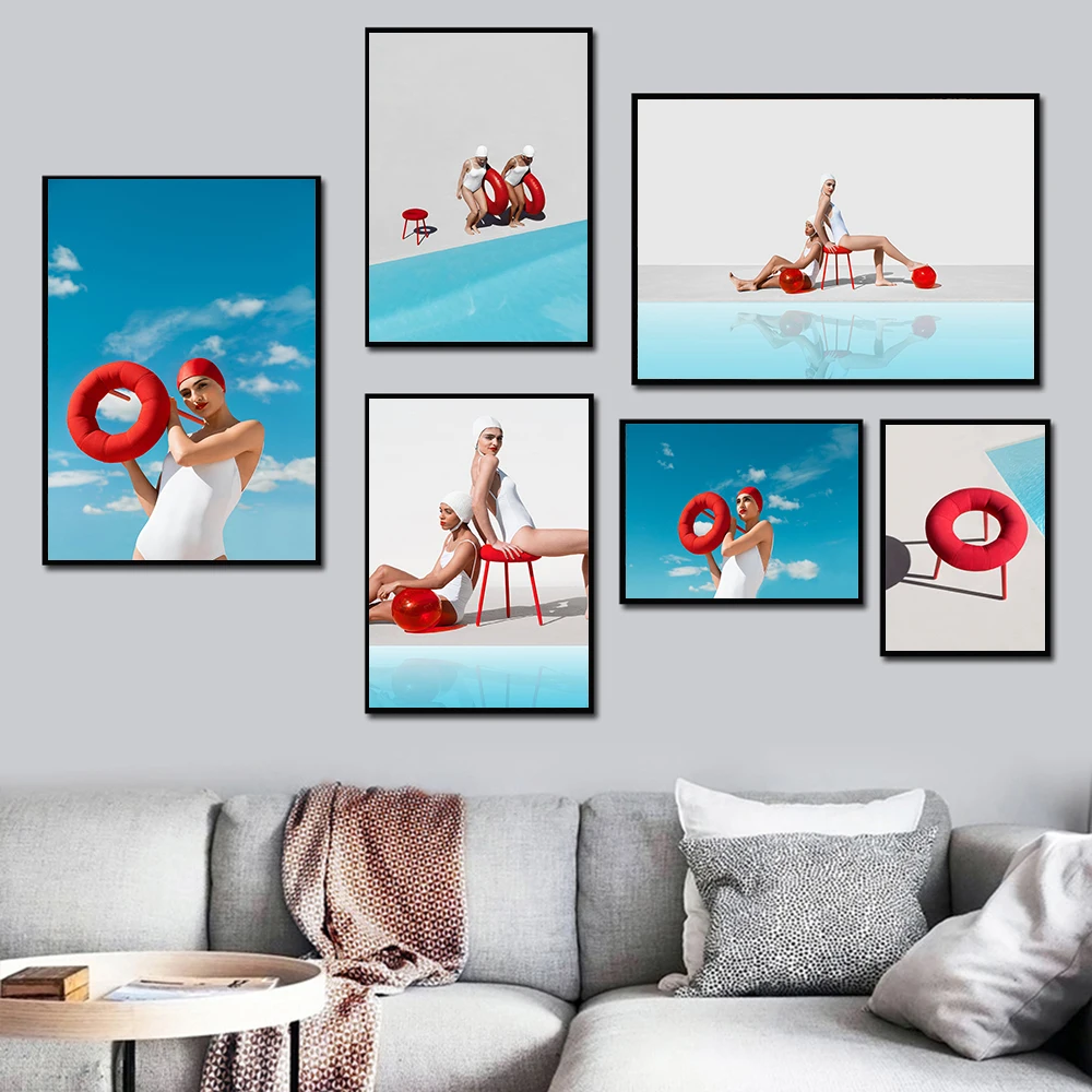 

Beach Swim Pool Bikini Girl Poster And Print Modern Fashion Sexy White Swimsuit Photo Canvas Wall Pictures For Living Room Decor