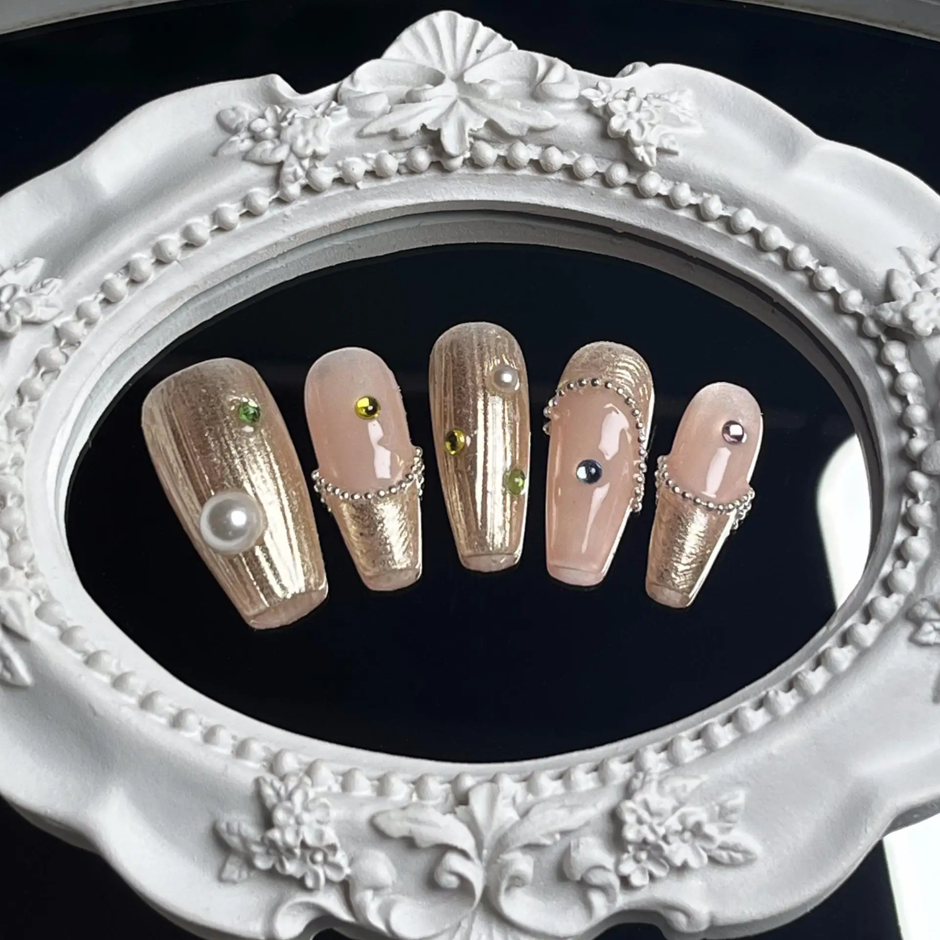 

10Pcs Handmade Press on Nails Ballet Pink Fake Nails with Colorful Diamond Mirror Powder Design False Nails Full Cover Nail Tips