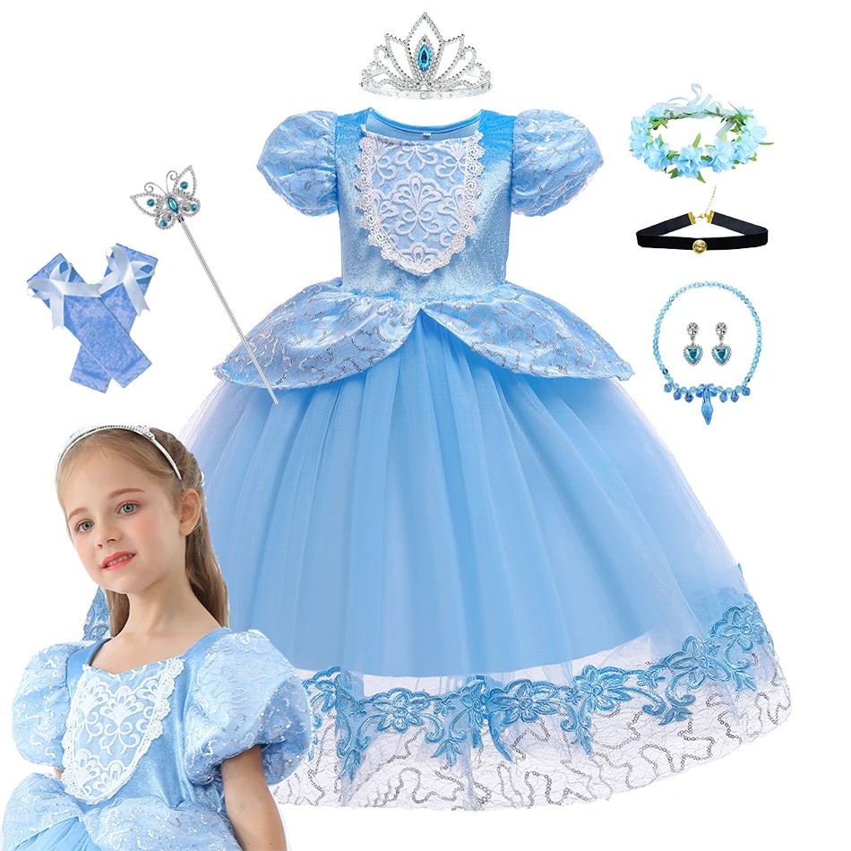 

Girls Blue Cinderella Dress Summer Puff Sleeve Embroidery Flower Dresses for Girls Princess Dress Up Birthday Party Fairy Frocks