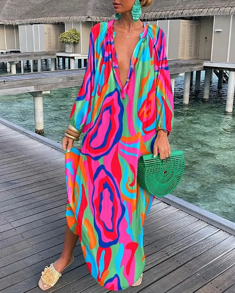 

Autumn Long Sleeve Long Dress Women Elegant Printed V-Neck Maxi Dresses Boho Loose Holiday Beach Dress Vestidos Bobe